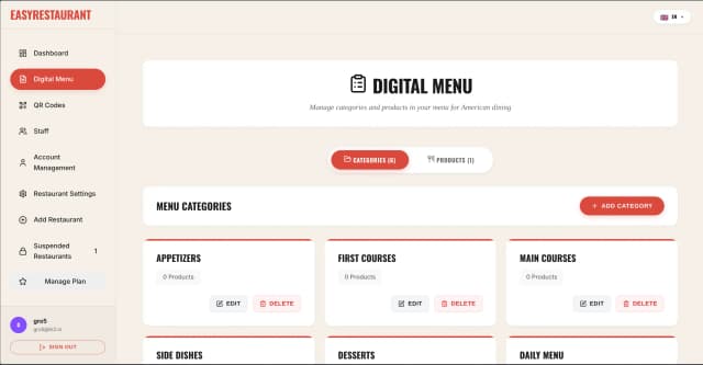 Easy Restaurant menu management — create and edit menu items, categories, allergens, and pricing