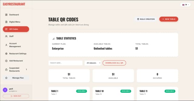 QR code management — generate and assign unique QR codes to restaurant tables