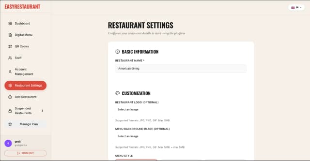 Restaurant settings — configure opening hours, restaurant info, and preferences