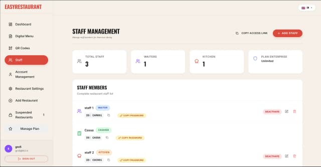 Staff management dashboard — assign roles, manage waiters, and track performance
